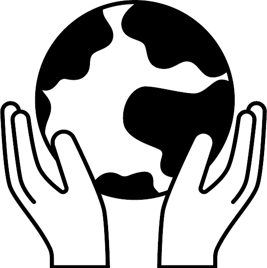 Het pictogram toont twee handen die een wereldbol omhoog houden, wat zorg voor de aarde en duurzaamheid symboliseert.
