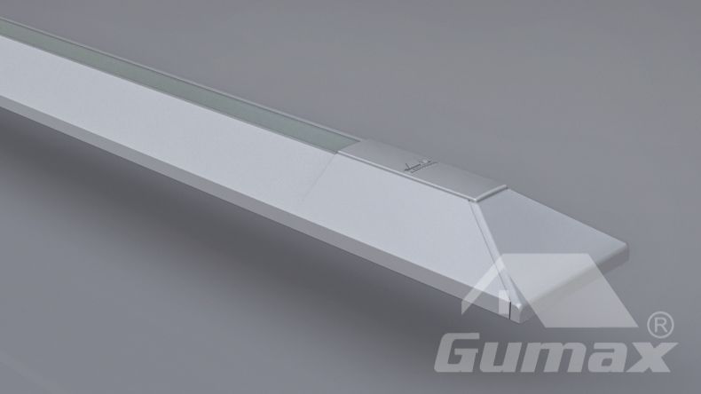 Een close-up beeld van een witkleurige lamel met led lichten van een terrasoverkapping, met een strak design en moderne uitstraling.