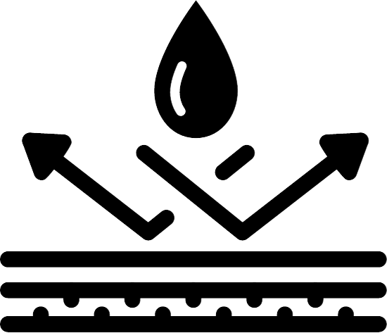 Pictogram van een waterdruppel boven een oppervlak met pijlen die er vanaf kaatsen, duidend op waterafstotend of waterbestendig materiaal.