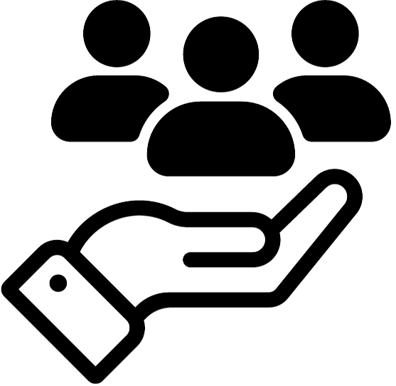 Het pictogram toont een hand die drie figuren ondersteunt, wat zorg of klantenservice symboliseert.