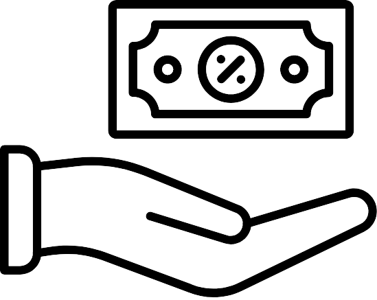 Het pictogram toont een hand die een bankbiljet vasthoudt met een percentage teken, wat vaak gebruikt wordt om kortingen of financiële besparingen aan te duiden.