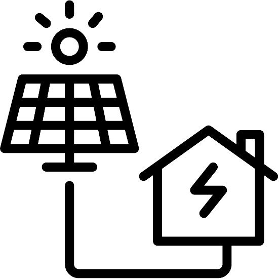 Pictogram toont een zonnepaneel met een zon erboven en een huis met een bliksemschicht, wat duurzame energie voor thuis symboliseert.
