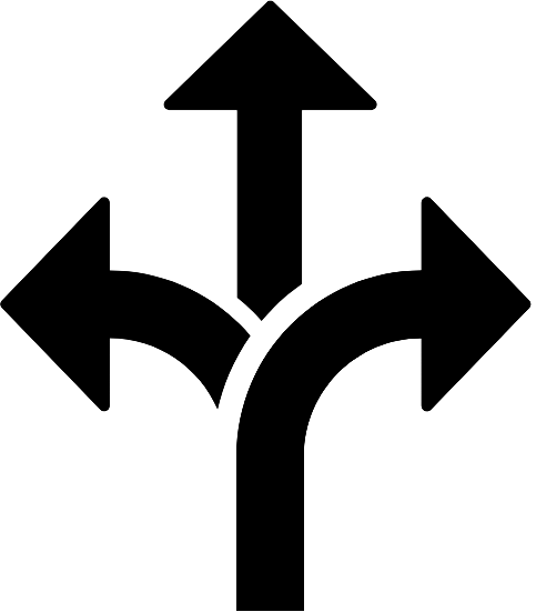 Pictogram van een drie-weg pijl, symboliseert keuze of verschillende richtingen.