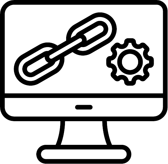Het pictogram toont een computerscherm met een kettingschakel en een tandwiel, wat kan duiden op digitale verbindingen of configuraties.