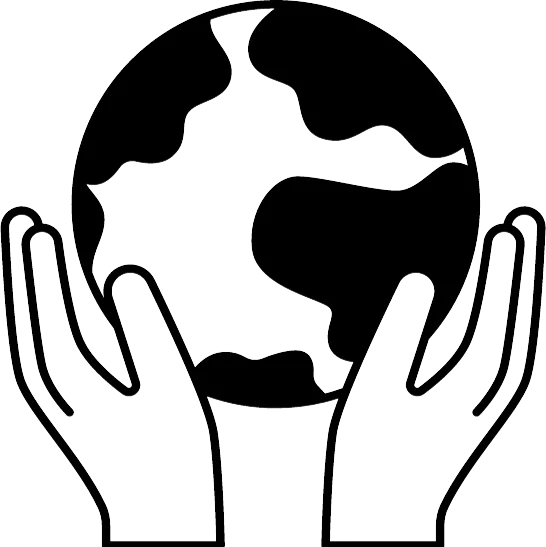  Het pictogram toont twee handen die een wereldbol omhoog houden, wat zorg voor de aarde en duurzaamheid symboliseert.