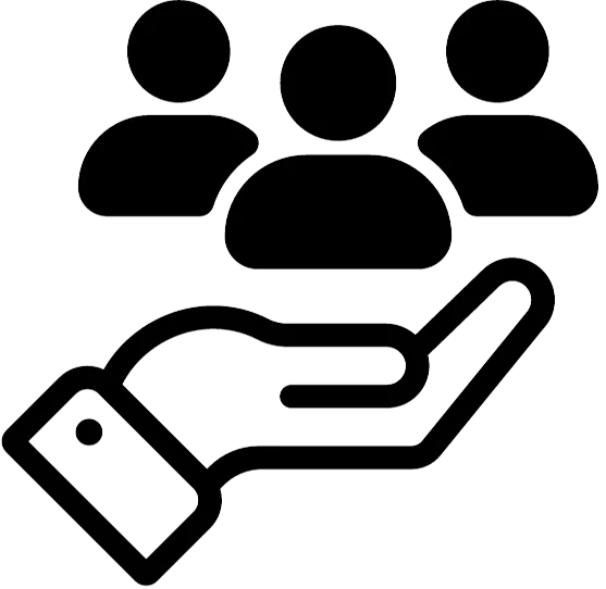 Het pictogram toont een hand die drie figuren ondersteunt, wat zorg of klantenservice symboliseert.